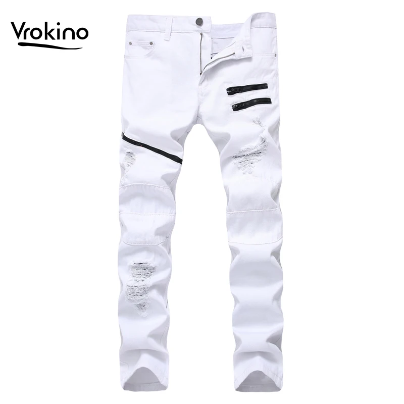 VROKINO новые мужские весенние и осенние джинсы модные мужские красные белые рваные джинсы до колена на молнии мужские узкие брюки 38 40