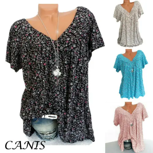 Женские летние блузки с коротким рукавом и цветочным принтом, женская рубашка с v-образным вырезом, повседневные топы, свободные рубашки, уличная одежда размера плюс M-3Xl
