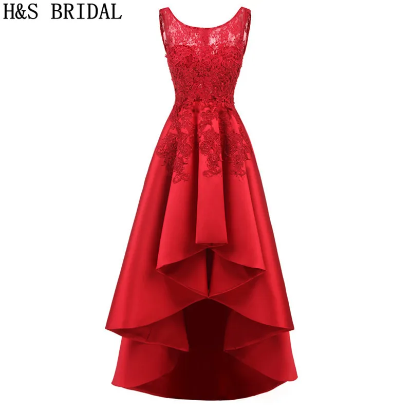 H& S свадебные платья для выпускного вечера с кружевной аппликацией с коротким передом сзади длинные вечерние платья с длинным рукавом вечернее платье robe de mariee - Цвет: Red