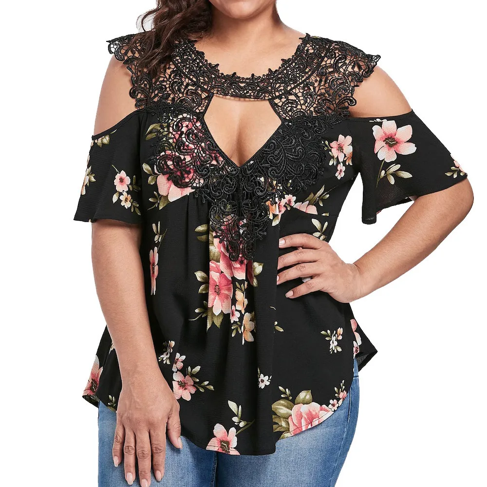 

5XL Plus Size Women Blouse And Tops Short Sleeve Cold Shoulder O Neck Lace Patchwork Hollow Out Blusas Floral Print Shirts Lady