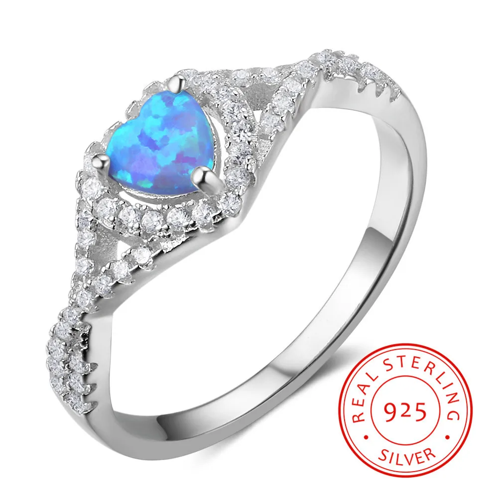 Simple Silver 925 Ring Love Heart Blue Opal With Cubic Zirconia 925 Sterling Silver Rings for