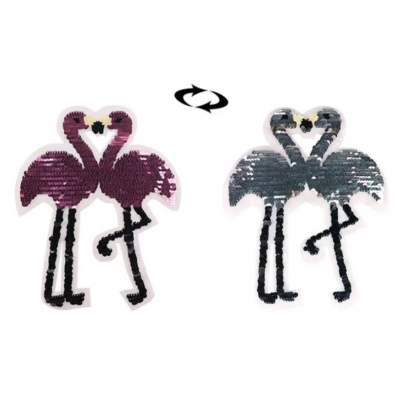 

Clothing Women Diy Patch Reversible change color AB Flamingo up and down flip sequins biker patches for clothing Animal Stickers