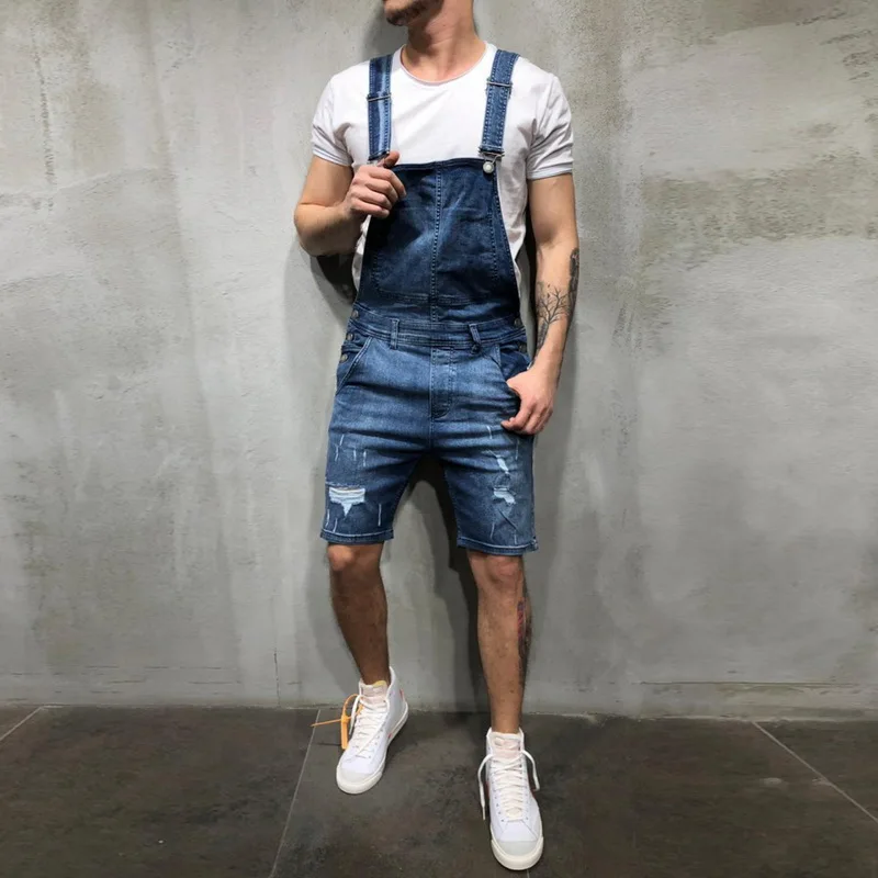 

2019 New Men Ripped Jeans Jumpsuits Shorts Summer Hi Street Distressed Denim Bib Overalls Men Oversize Suspender Pant Streetwear