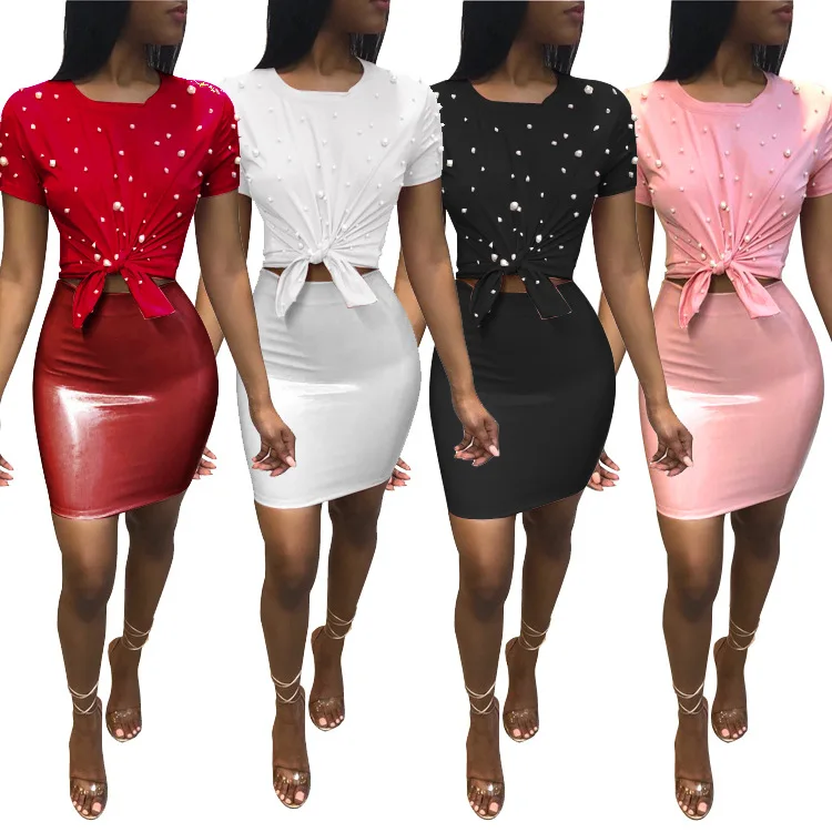 

Women Two Pieces Outfits Pink Short Sleeve Pearl Beading T-shirt Tops PU Leather Bodycon Skirts Suits Sexy Party two pieces Sets