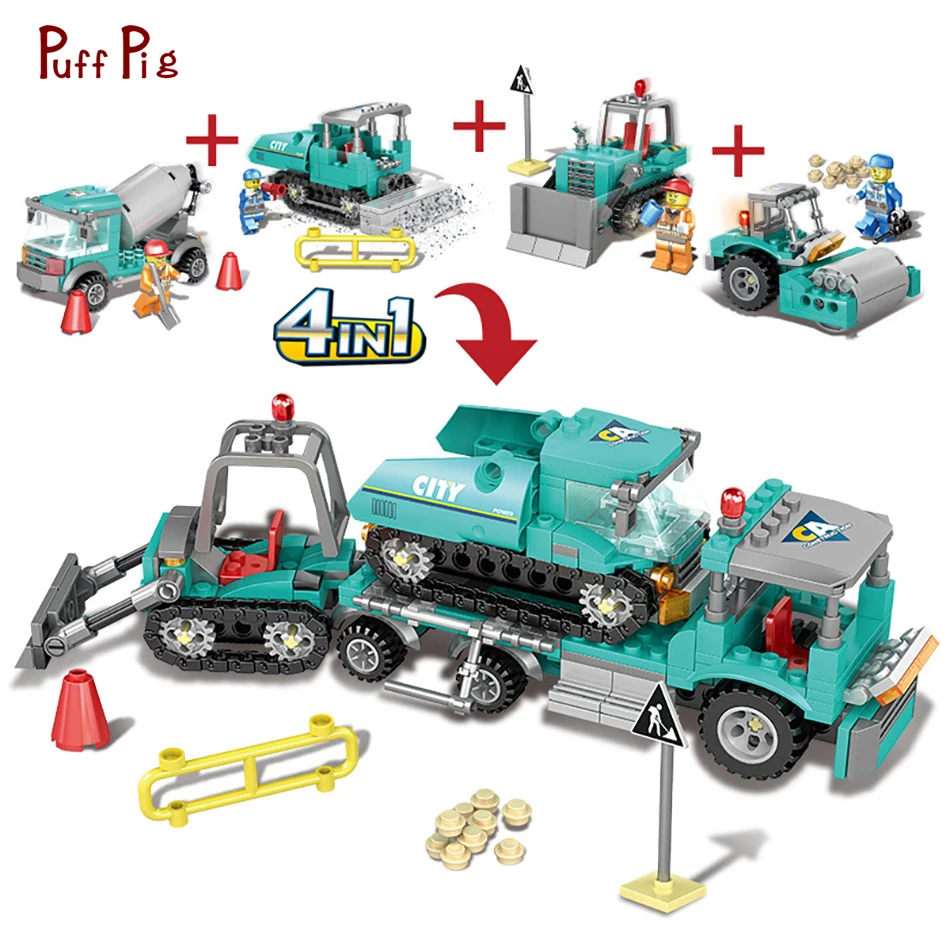 4 in 1 City Engineering Construction Excavator Vehicles Bulldoze Enlighten Figure Building Blocks Compatible Legoed Bricks Toys 