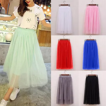 

Tulle Skirts Womens Black Gray White Colorful Adult Tulle Skirt Elastic High Waist Pleated Midi-long Skirt 2018