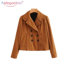 Aelegantmis Новое Осеннее хлопковое толстое женское короткое пальто Офисная Леди Повседневная тонкая короткая куртка женская верхняя одежда с длинным рукавом и карманами
