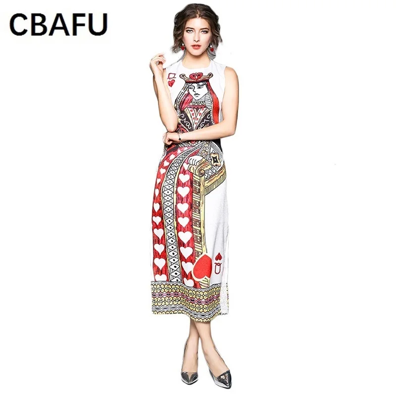 

CBAFU 2018 summer long dress femme vestidos women designer runway dress heart shaped playing card print dress ladies dress X550