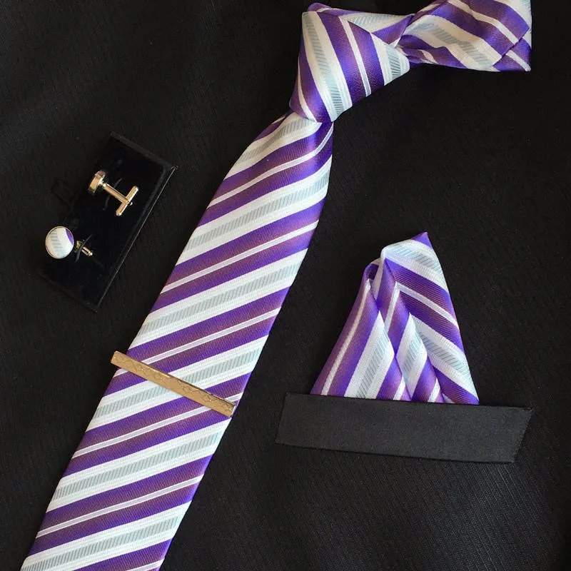 Высокое качество Мужские шелковые галстуки 8 см галстук и запонки и зажим для галстука+ носовые платки с 4 комплектами gravatas жаккард полосатый Свадебный Лот