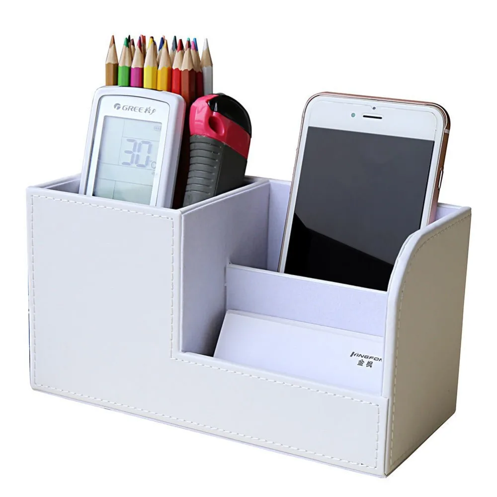

XRHYY White Wooden Pu Leather Multi-function Desk Stationery Organizer Storage Box Pen/Pencil/Name Cards Remote Control Holder