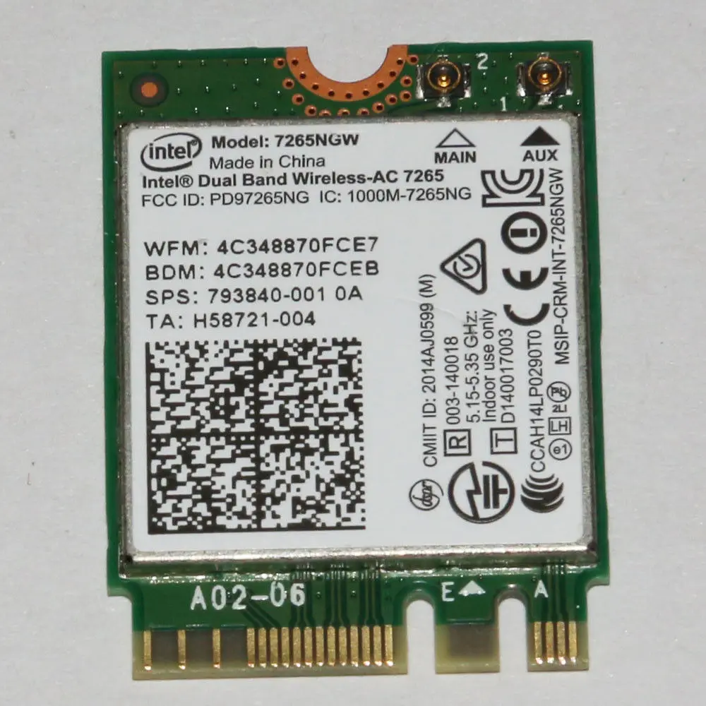 

Card for Dual band Wireless AC Intel 7265 7265NGW 802.11ac 867M 2 x 2 WiFi + Bluetooth 4.0 867Mbps NGFF card HP 756751 793840