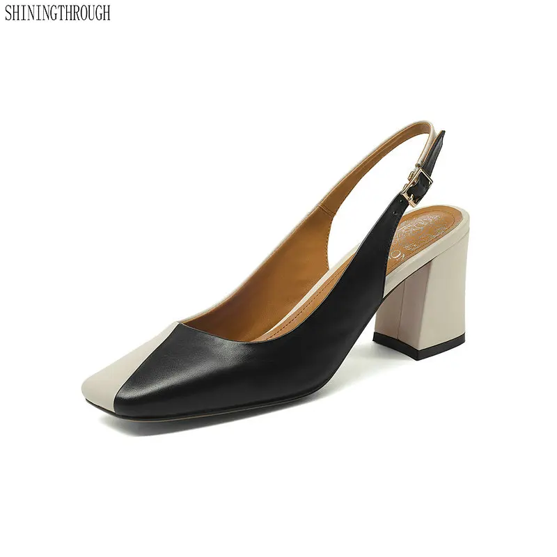 

Sexy High Heels Genuine Leather Shoes 2018 Spring Women Pumps Slingbacks Thick High Heels square Toe Office Shoes