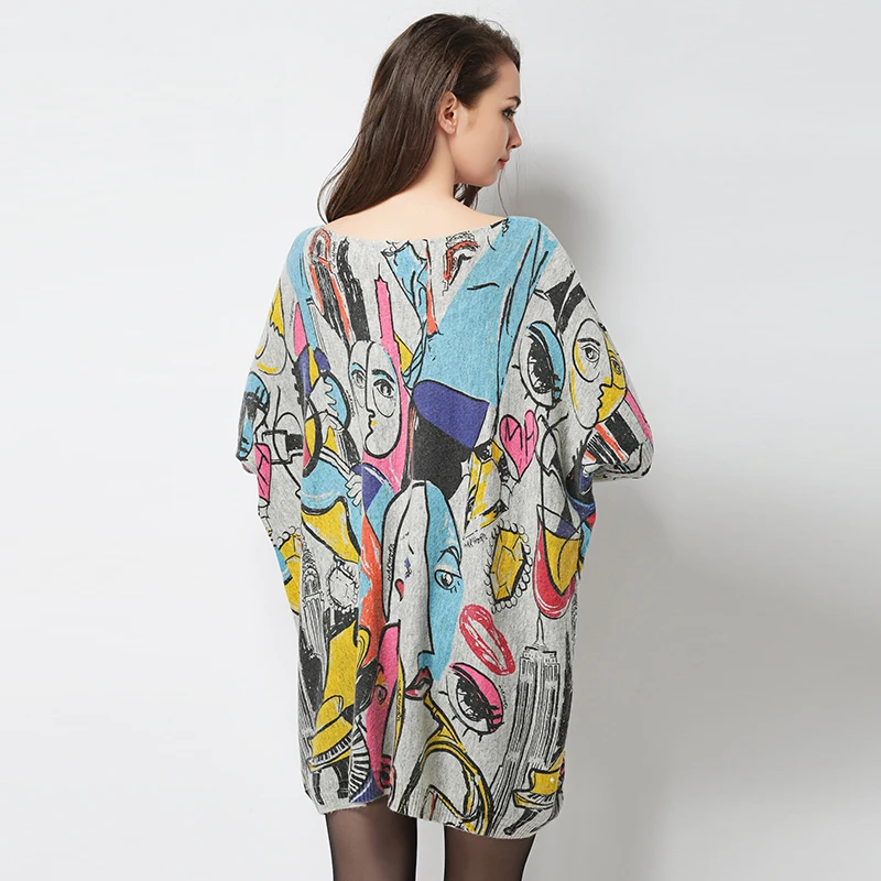 Baratos 2019 otoño nuevo de gran tamaño suéter de punto de mujer Jersey largo para mujer de invierno de las señoras de moda de impresión Sesy Top con cuello oblicuo sweter