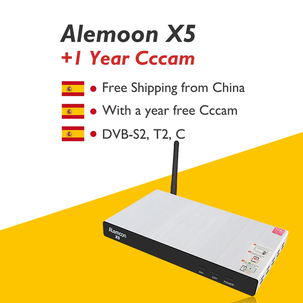 

ALEMOON X5 DVB-S2/T2/C Combo Decoder Satellite Receiver Casting 4K H.265+1 Year Europe Spain Poland Italy Portugal CCcam Cline