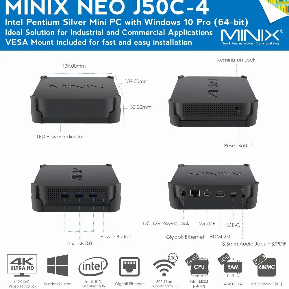 MINIX NEO J50C-4 oficial de WINDOWS 10 PRO SERIES MINI PC Intel Pentium de J5005 DDR4 4 GB/32 GB HDMI 2,0 de montaje Vesa MINI PC