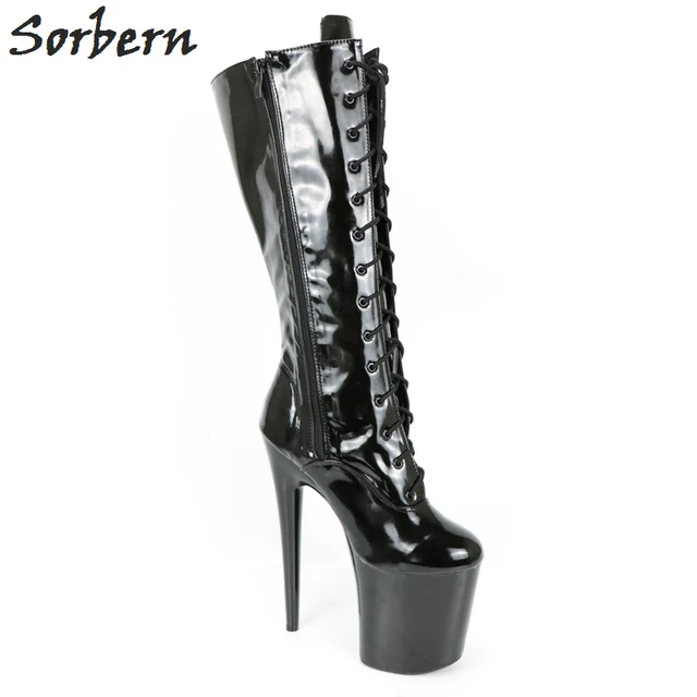 Sorbern Black Knee High Gloss Patent Leather Boots Custom Wide Calf Leg