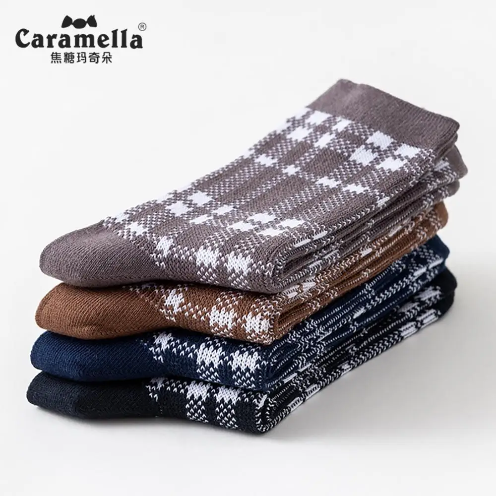 

Caramella 4 Pairs/Lot Men's Plaid Crew Socks Mid-calf Length Thick Cotton Warm for Autumn Winter