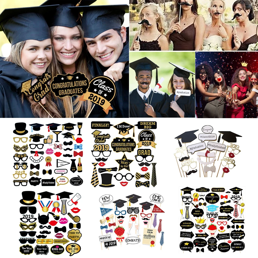 

39PCs/Set New 2019 Portable Creative Black Practical Graduation Photo Props Kit Photobooth Graduation Party Decoration Supplies