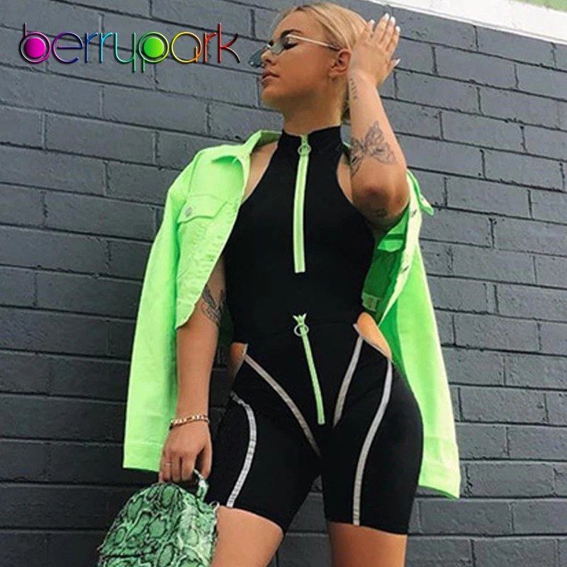 

BerryPark Reflective Stripe Neon Green Bodysuit + Hollow Biker Shorts 2 Piece Set Women Summer Jumpsuit Sweatsuit Drop Shipping