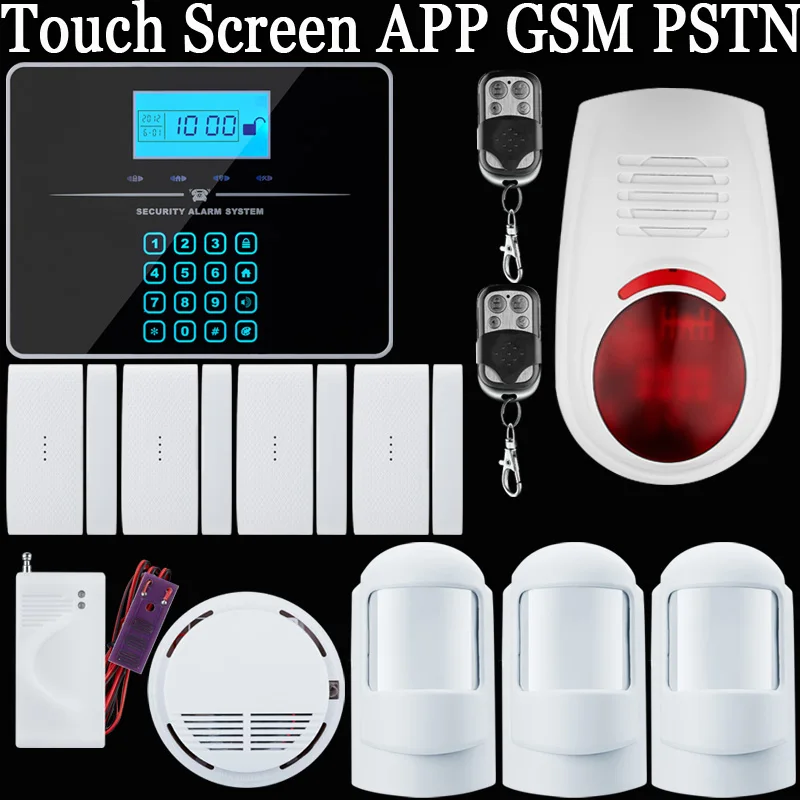 APP Wireless GSM PSTN arm/disarm Autodial Home Alarm System +smoke/fire detector+water sensor