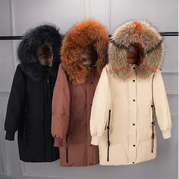 

Women Raccoon Big Fur Collar Jacket Loose Thick Warm Parkas Long Overcoat Coat Large Size Black Female Casual Hooded Jacket 5XL