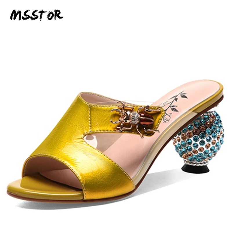 

MSSTOR Luxury Slippers Rivet Peep Toe Plus Size Outdoor Sexy High Heels Slippers Mixed Colors Cow Leather Summer Women Shoes