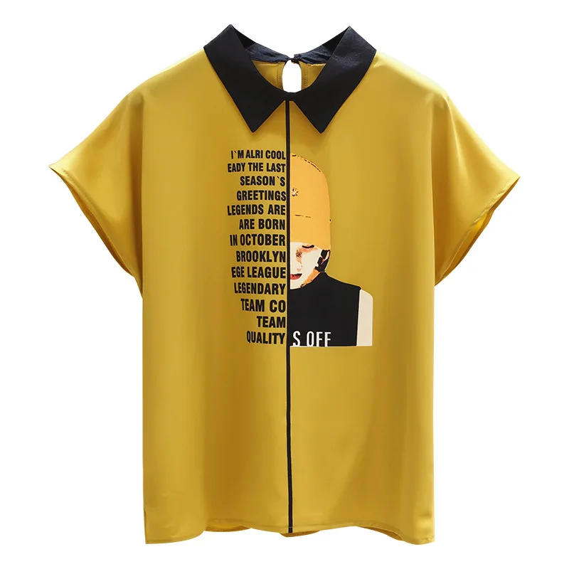 

EIJOQAN Summer New Casual Letter Printed Girl Chiffon Thin Shirt Loose short sleeves Peter pan Collar Blouse A254