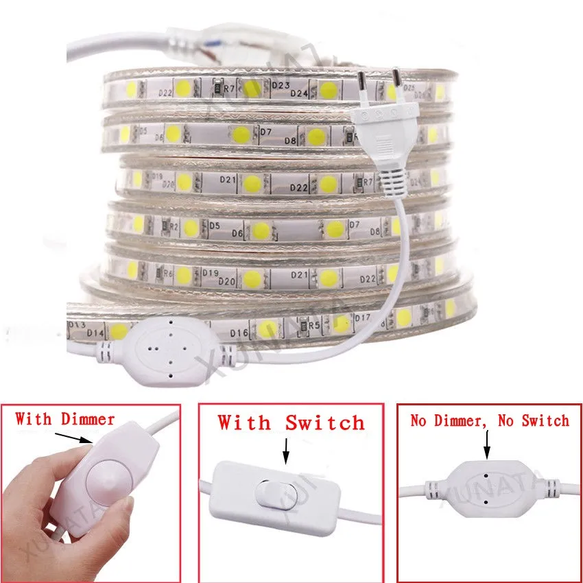 buy AC 220V Waterproof 5050 SMD LED Strip Light Tape 60LEDs m LED Light Dimmer on off Switch EU Power Plug 1~25m
