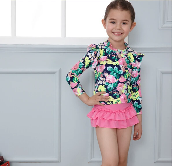 For 5 12 years 2015 children cover up swimsuit/ kids floral print two
