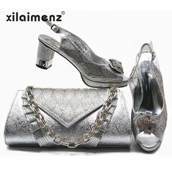 

Silver Color African Shoes and Matching Bags Italian Ladies Italian Shoes with Bag Set Decorated with Rhinestone Nigerian Shoes