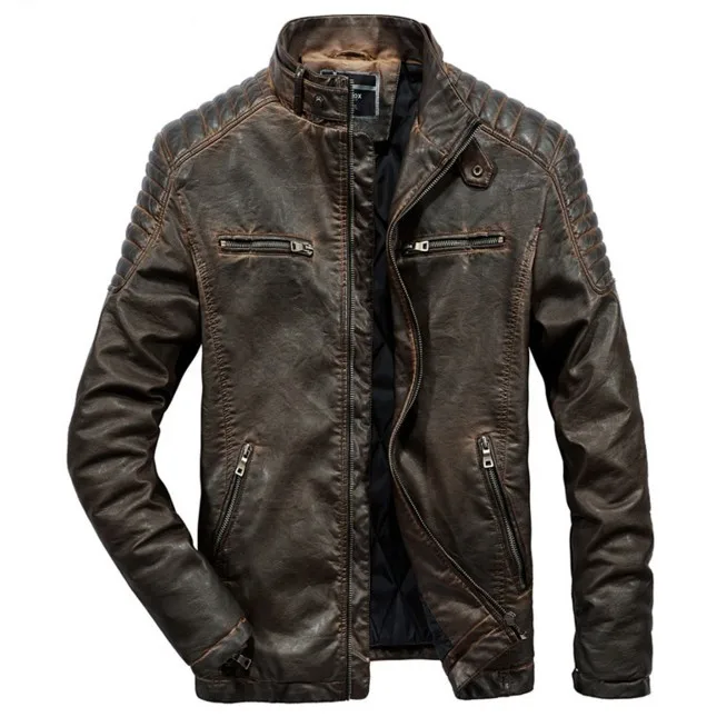 Винтажная кожаная куртка для мужчин, мотоциклетная, коричневая, черная, парка, пальто, приталенная, зимняя, теплая, повседневная, Байкерская, мужская куртка, верхняя одежда