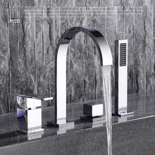 Modern Multi-functional Chrome Finish Solid Brass Bathtub Mixer System with Handheld Showerhead Waterfull Hot and Cold Faucet
