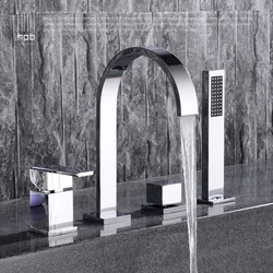 Modern Multi-functional Chrome Finish Solid Brass Bathtub Mixer System with Handheld Showerhead Waterfull Hot and Cold Faucet