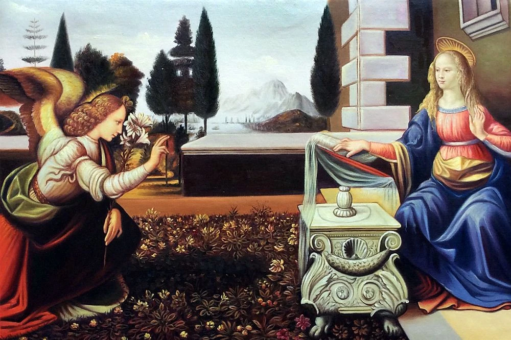 を受胎告知、1475 1480、 · ダ · ヴィンチのレプリカ、傑作アートワーク、キャンバス壁画、手作り品質