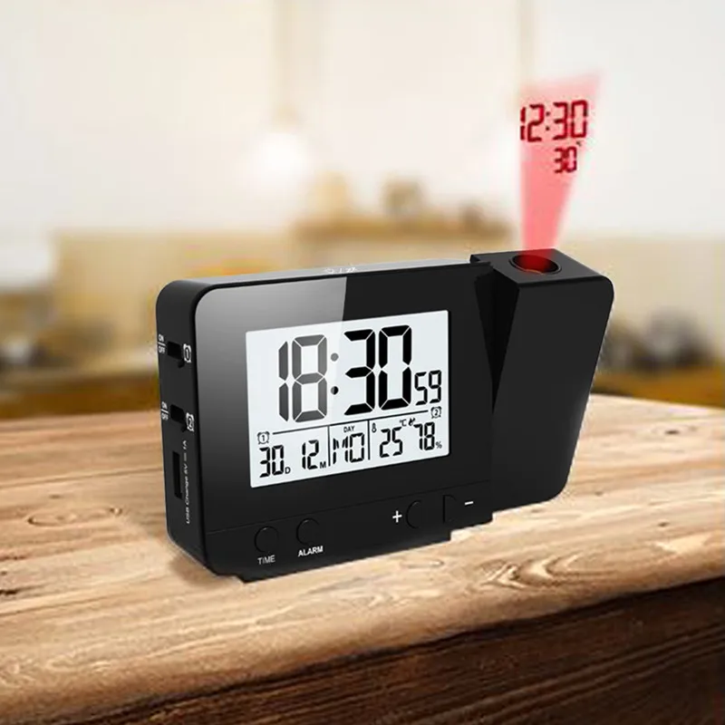 

Rechargeable LED Projection Weather Temperature Digital Backlight Alarm Clock USB Charging 7 Languages 180 Degree Rotation