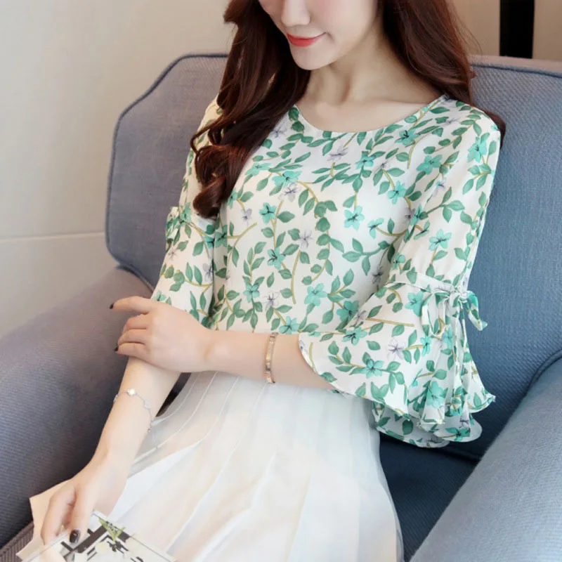 

Women Spring Chiffon Blouses Ladies Floral Print Feminine Shirt Short Sleeve Blusas M-XXL Tops