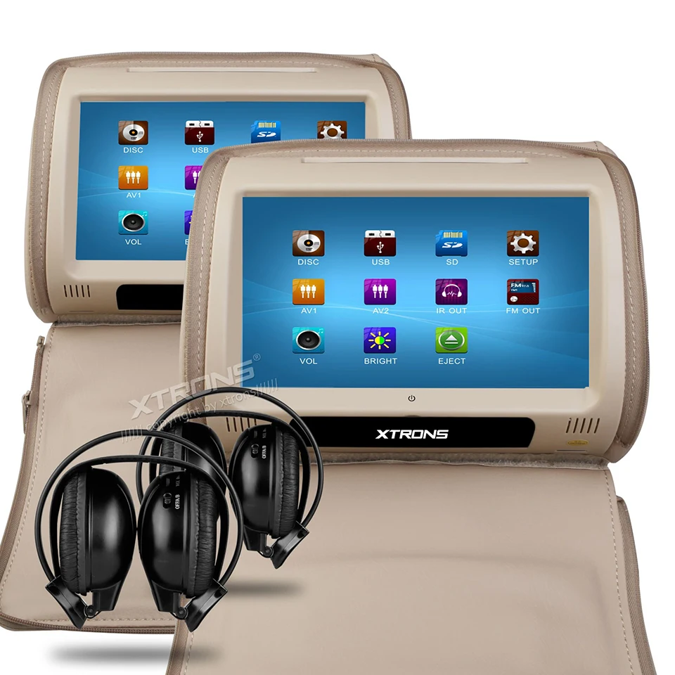 Excellent 2x9" Headrest Car DVD Monitor Digital Touch Screen Support 32 Bits Games Cover With Zipper Pillow Built-in IR FM Backseat Video 1
