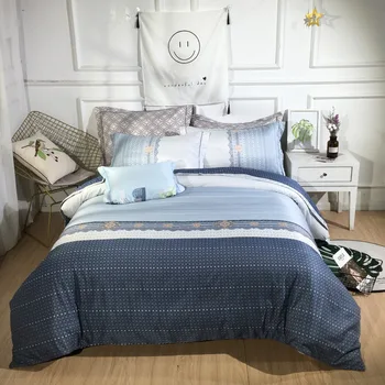 

2019 New Style Bedding Set Blue-gray stripe Bed Set Luxury Tencel Bed Sheet Queen Size Duvet Cover Set Bed Linen 3 Styles