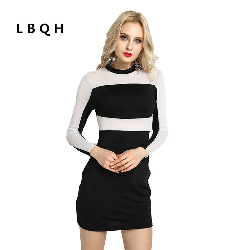 LBQH 2017 autumn new ladies fashion sexy nightclub long sleeve brand dress high quality striped zipper