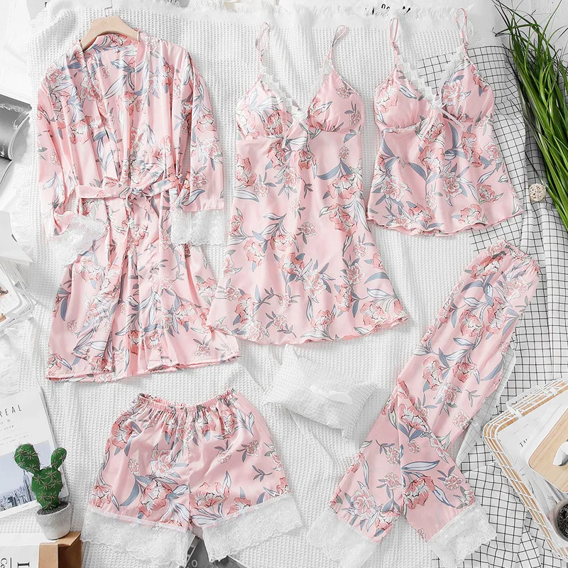 5 шт., Весенняя женская пижама, сексуальное кружевное белье, пижамный комплект, цветочный принт, женское белье, Пижама для женщин, с накладками на груди - Цвет: Розовый