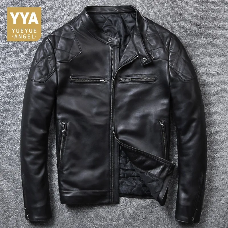 

High Quality Luxury Mens Genuine Leather Jacket Fashion Solid Short Biker Jacket Male Casual Pocket Zipper Coats Plus Size 5XL