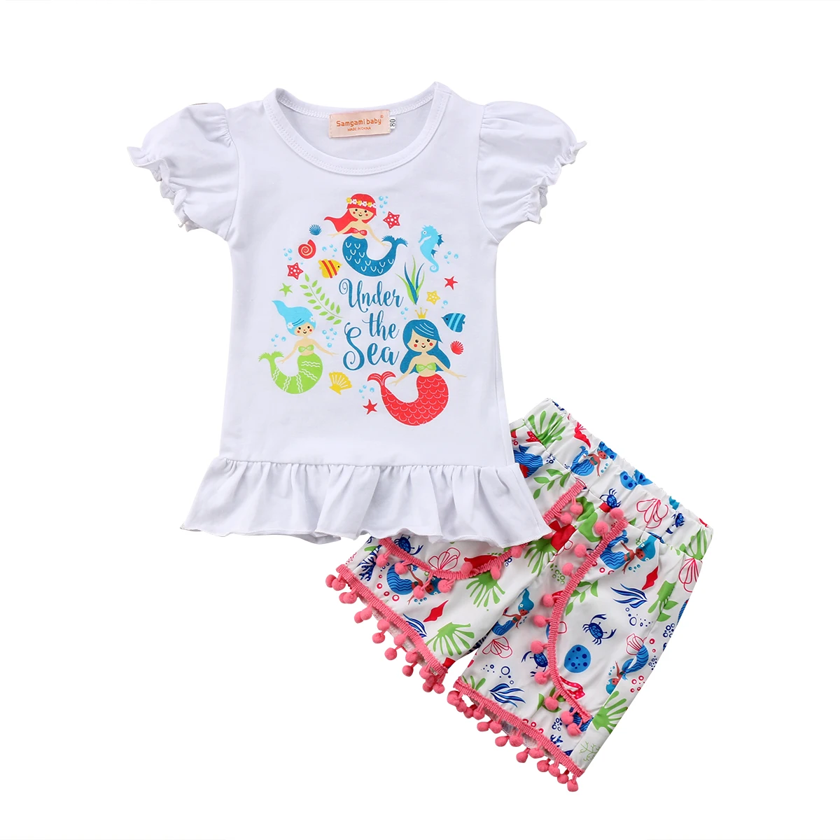 2018 Newborn Baby Kids Girls Cotton Ruffle T-shirt Tops+Mermaid Tassels Shorts Outfits Clothing Set | Детская одежда и обувь