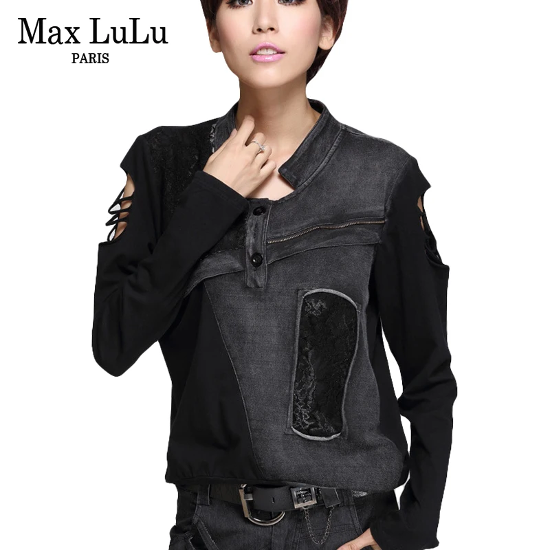 Max LuLu 2018 роскошный корейский бренд сексуальные джинсы для девочек укороченный топ футболки женские Стенд воротник футболка кружева
