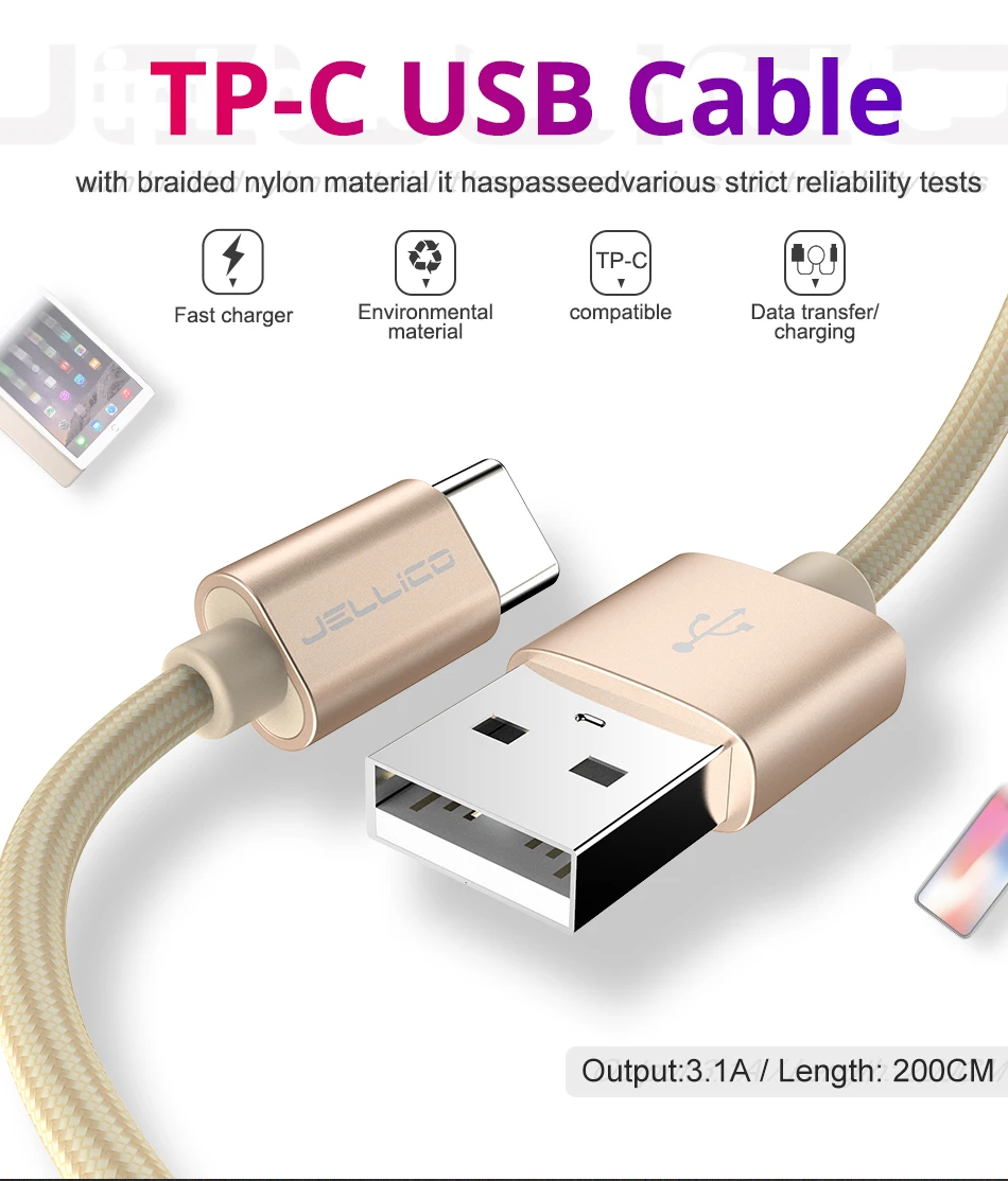 Jellico type C Быстрая зарядка USB C кабель type-C 3.1A кабель для передачи данных зарядное устройство для телефона samsung S9 S8 Note 8 Xiaomi Mi6 huawei адаптер