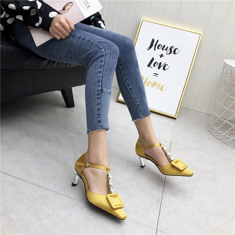

Liren 2019 Summer Fashion Pointed Toe Square Pattern Decoration Shallow Toe Buckle Strap Rhinestone High Thin Heels Sandals