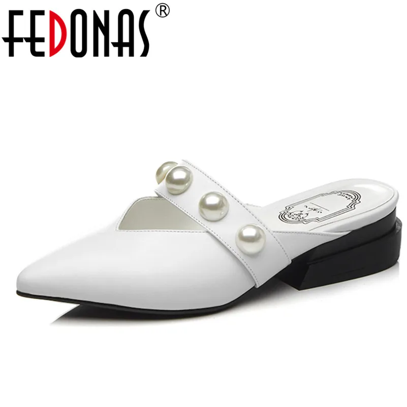 FEDONAS 2018 New Gladiator Beading Genuine Leather Shoes Woman Pointed Toe Elegant Low Heels Pumps Fashion Female Slipper