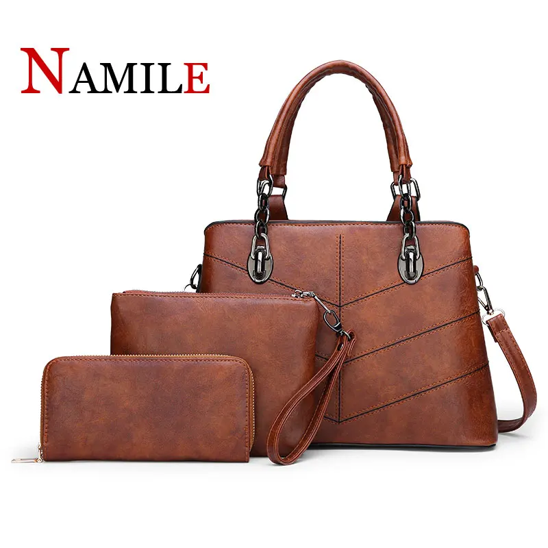 

3Pcs Women's Handbag Set All Match Solid Color Elegant Plain Style Bags