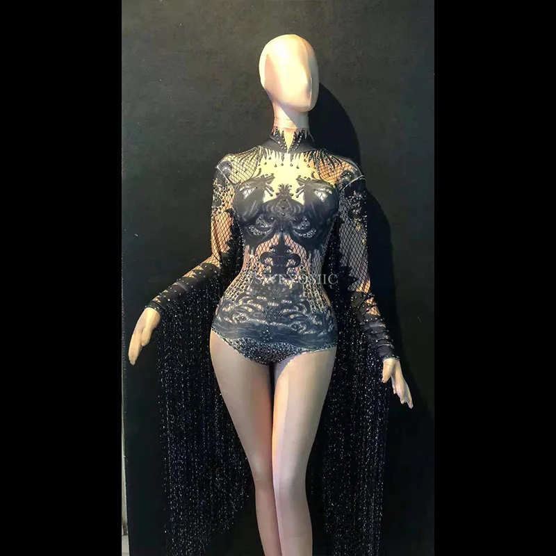 

Black Red Rhinestones Long Tassel Sleeves Bodysuit Birthday Celebrate Bar Bodysuit Women Dance Stage Wear Nightclub Outfit