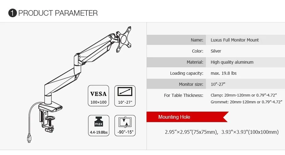 Loctek D7A Алюминиевый Газовый пружинный Настольный держатель для монитора с ЖК-дисплеем для компьютера с креплением на руку для загрузки 2-9 кг с аудио-и usb-портом