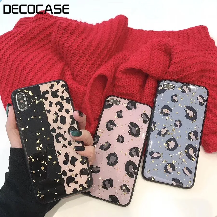 DECOCASE Fashion Leopard Printing Luxury Gold Foil Drop Glue Women Girls Phone Cases for iPhone 6 6s 7 8 Plus X XR XS Max Covers |